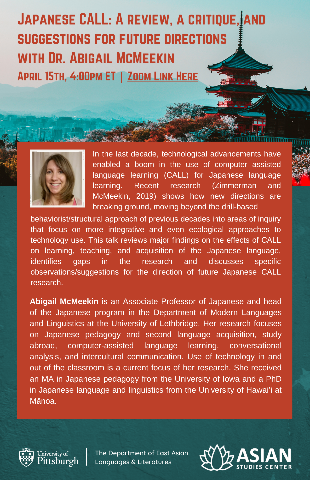Japanese CALL event description; accessible flyer with text attached; text is tomato-colored and white-on-a-tomato-background; the flyer's background is teal with an image of a Japanese pagoda skyline