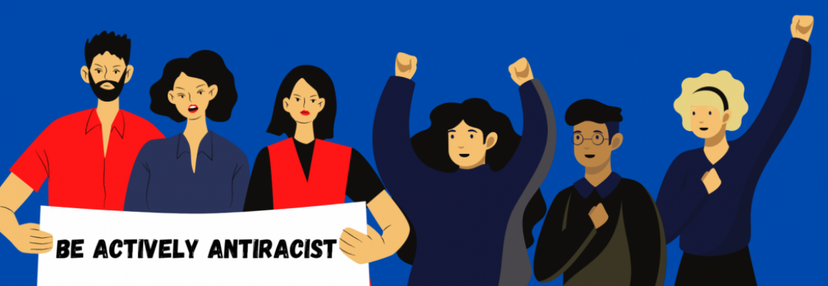 Be actively antiracist is on a sign that protesters are holding in support of the AAPI community. Some protesters are wearing red, black, and navy, while against a blue background.