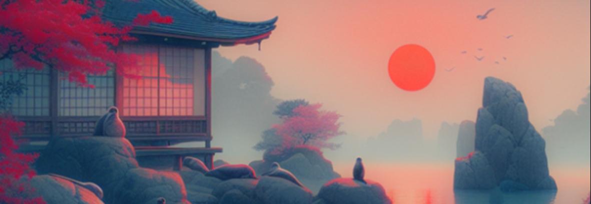 A cartoon drawing of seals sitting on rocks outside of a Japanese temple as the sun sets